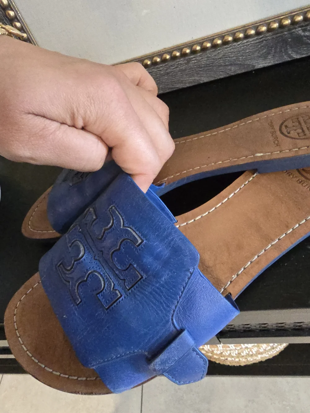 Tory Burch Women’s Melinda Slide Sandals Blue Leather Logo 10